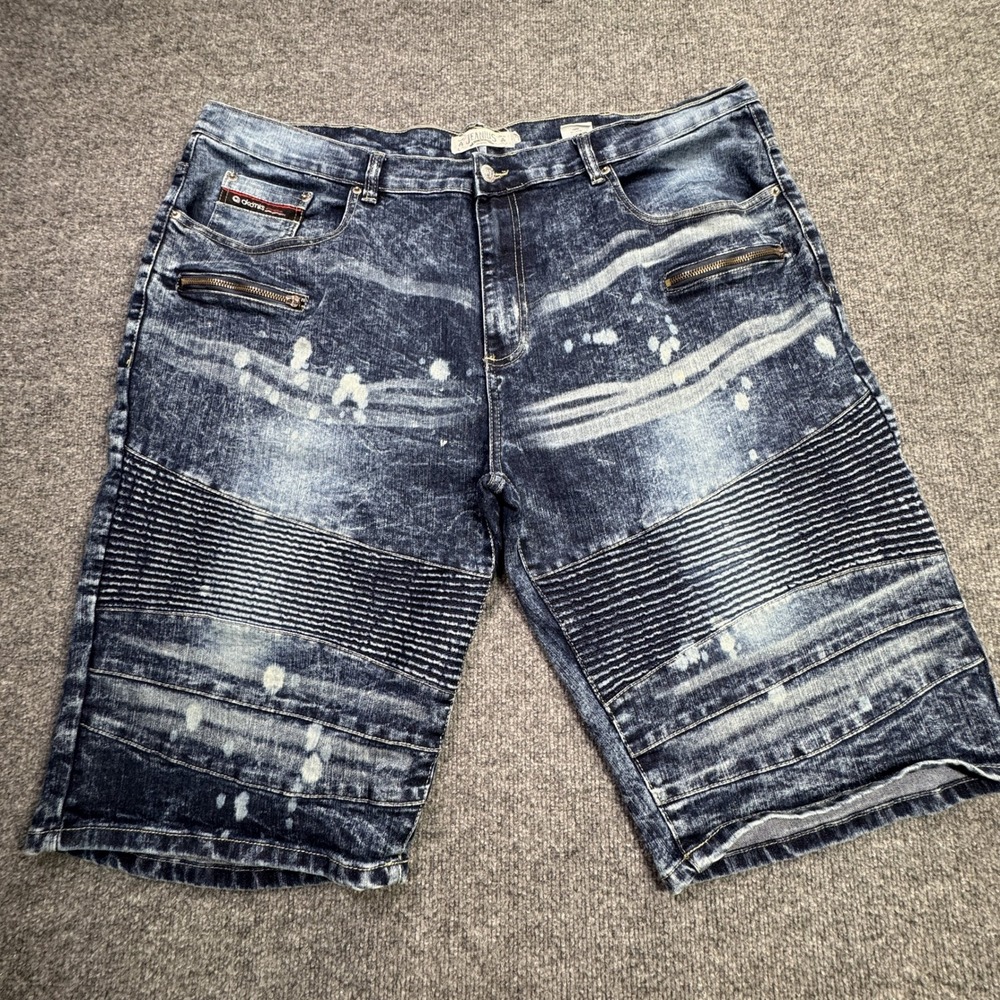 Akademiks Jeanius Denim Shorts Mens 44 Blue‎ Acid Wash Moto Biker Streetwear